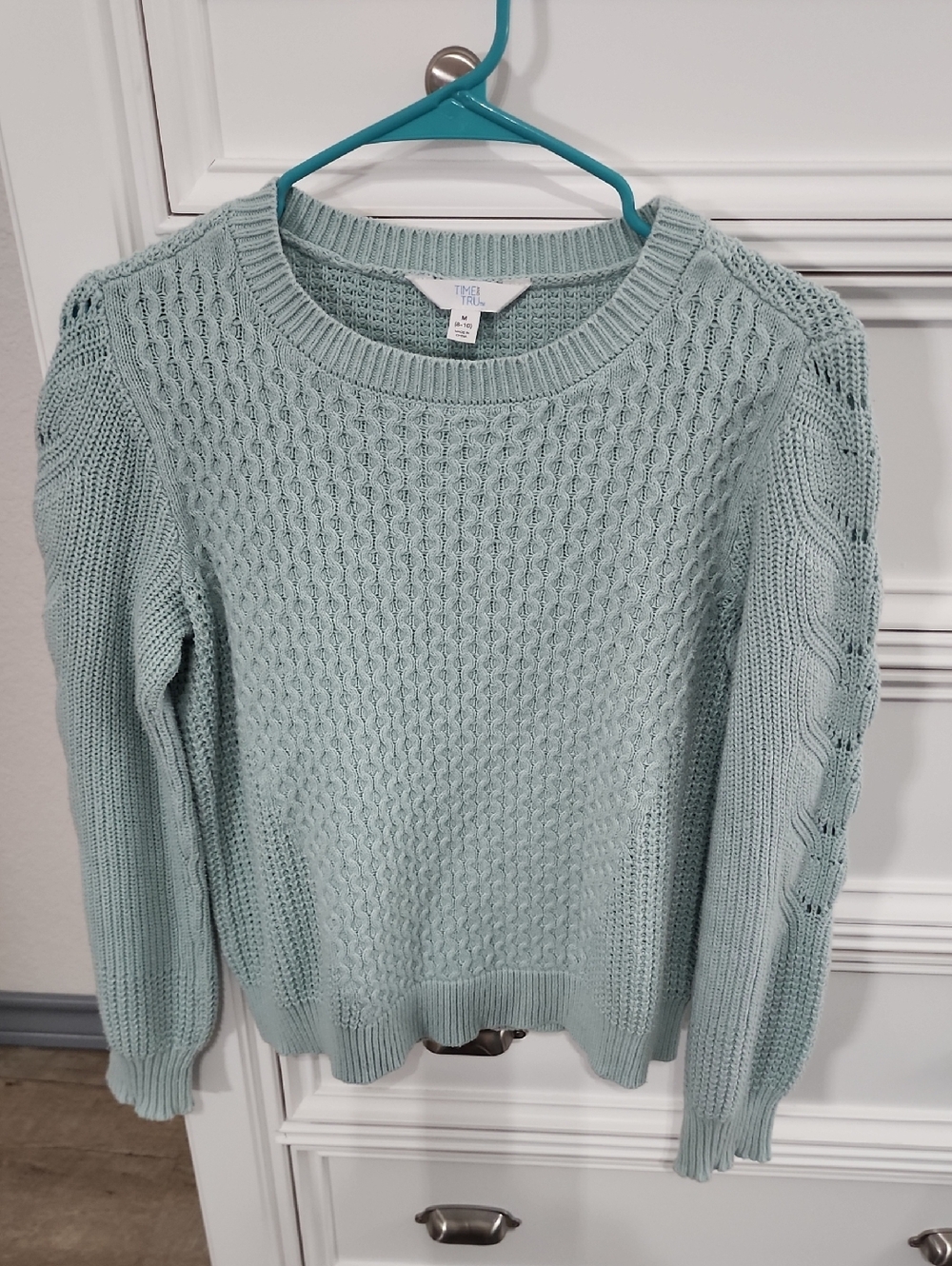 Time and Tru Mint Cable-Stitch Crewneck Sweater